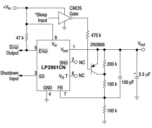 Typical Application for NCV2951 100 mA, Low Power Low Dropout Voltage Regulator for 5.0 V Regulator with 2.5 V Sleep Function