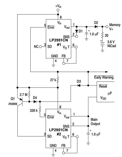 Typical Application for NCV2951 100 mA, Low Power Low Dropout Voltage Regulator for Regulator with Early Warning and Auxiliary Output