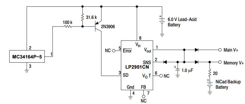 Typical Application for NCV2951 100 mA, Low Power Low Dropout Voltage Regulator for Low Battery Disconnect