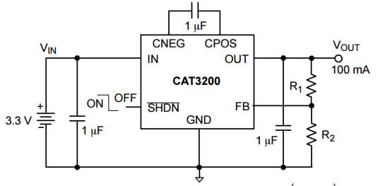 Typical Application for CAT3200 Low Noise Regulated Charge Pump DC-DC Converter for Adjustable Output