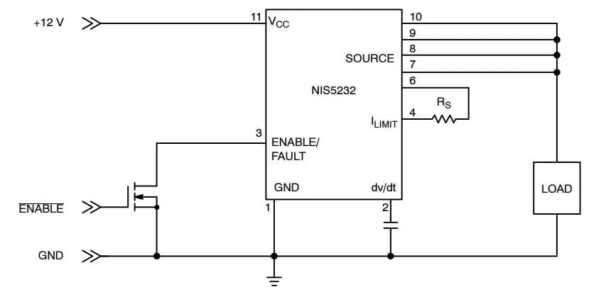 Typical Application for NIS5232 12 Volt Electronic Fuse with Kelvin Current Sensing