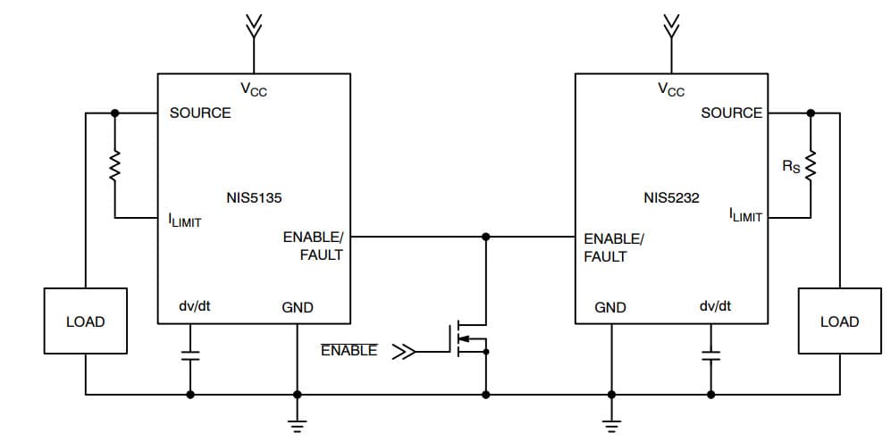 Typical Application for NIS5232 12 Volt Electronic Fuse Common thermal shut-down