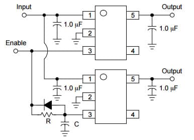 Typical Application for NCV551 150 mA CMOS Low Iq Low-Dropout Voltage Regulator for Delayed Turn-on