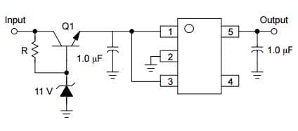 Typical Application for NCV551 150 mA CMOS Low Iq Low-Dropout Voltage Regulator for Input Voltages Greater than 12 V