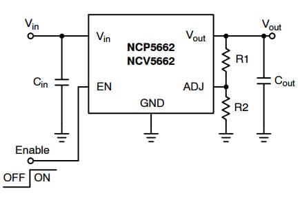 Typical Application for NCP5662 Low Output Voltage, Ultra-Fast 2.0 A Low Dropout Linear Regulator with Enable for Adjustable Output