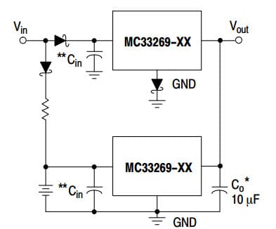 Typical Application for MC33269 800mA Adjustable Output, Low-Dropout Voltage Regulator for Battery Backed-Up Power Supply