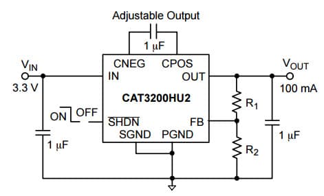 Typical Application for CAT3200HU2 Low Noise Regulated Charge Pump DC-DC Converter for Adjustable output