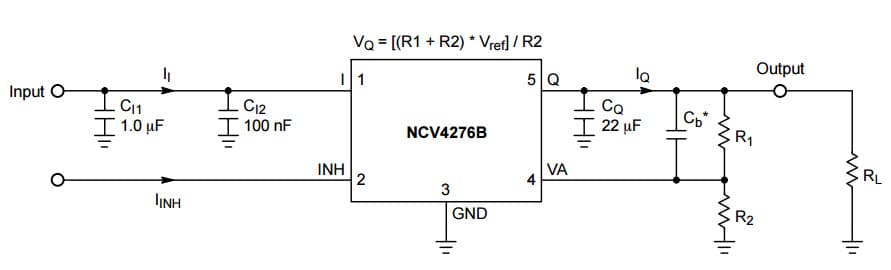 Typical Application for NCV4276B 400 mA Low-Drop Voltage Regulator for Adjustable Voltage