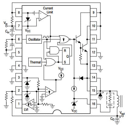 Typical Buck Application Circuit for NCV3163 3.4A Step-Down Switching Regulator