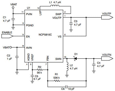 Typical Application for NCP5810C Dual 1W Output AMOLED Driver Supply