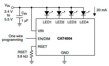 Typical Application for CAT4004 4-Channel Constant Current LED Driver with EZDim