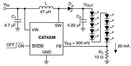 Typical Application for CAT4238 High Efficiency 10 LED Boost Converter