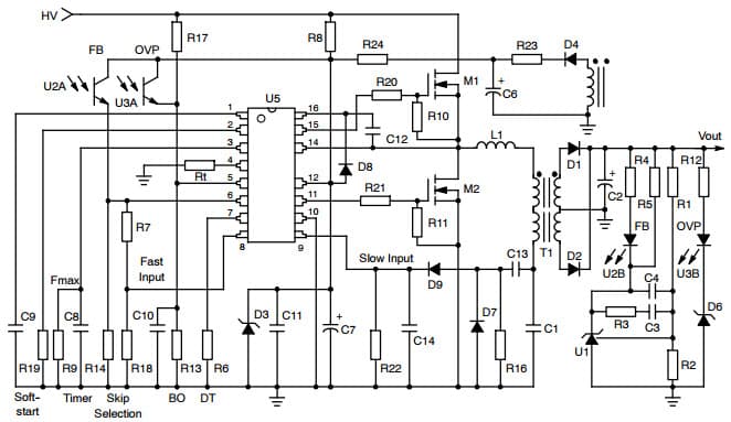 Typical Application for NCP1396B High Performance Resonant Mode Controller featuring High-Voltage Driver