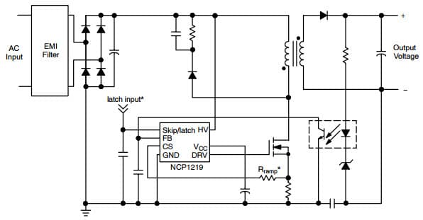 Typical Application for NCP1219 PWM Controller with adjustable Skip Level and External Latch Input