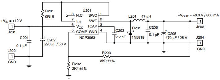 Typical Buck Application Schematic for NCV3063 1.5A Step-Down Switching Regulator