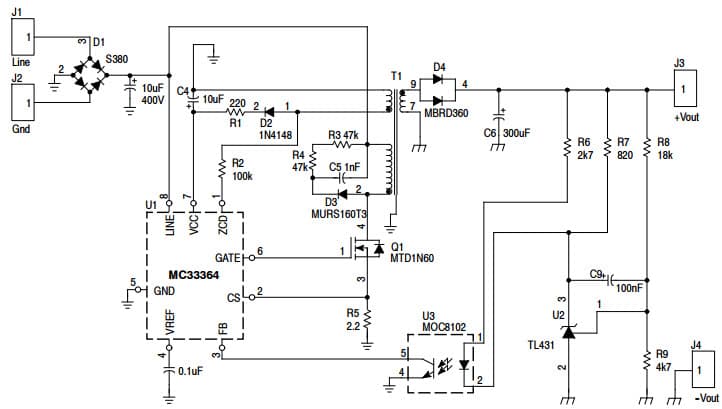 Typical Application Circuit for MC33364 Critical Conduction Mode Flyback Converter