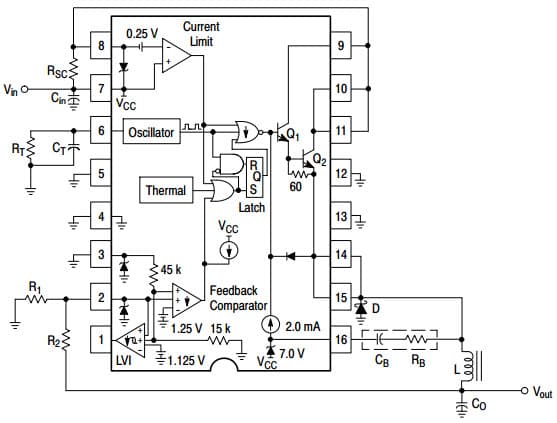 Typical Buck Application Circuit for NCV3163 3.4A Step-Down Switching Regulator