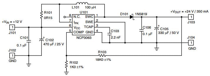 Typical Boost Application Schematic for NCV3063 1.5A Step-Up Switching Regulator