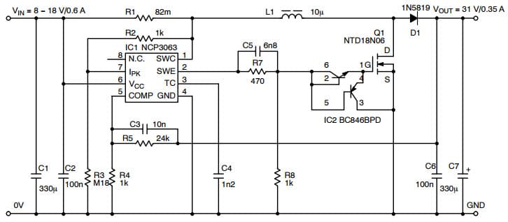 Typical Boost Application Schematic with External NMOS Transistor for NCV3063 1.5A Step-Up Switching Regulator