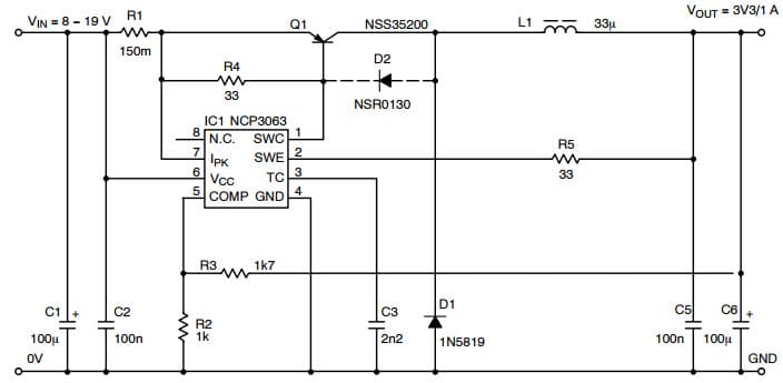 Typical Buck Application Schematic with External Low VCE(sat) PNP Transistor for NCV3063 1.5A Step-Down Switching Regulator