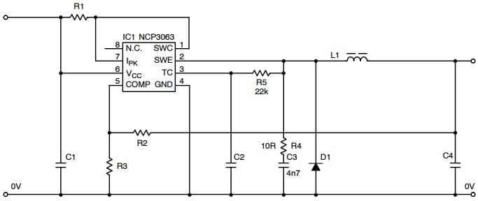 Typical Schematic of Buck Converter with RC Snubber and Pulse Feedback for NCV3063 1.5A Step-Down Switching Regulator