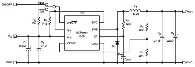 Typical Buck Application for NCP3064 1.5A Step-Down Switching Regulator with ON/OFF Function