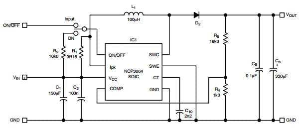 Typical Boost Application for NCP3064 1.5A Step-Up Switching Regulator with ON/OFF Function