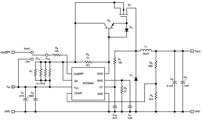 Typical Buck with External Transistor Application for NCP3064 1.5A Step-Up/Step-Down/Inverting Switching Regulator with ON/OFF Function