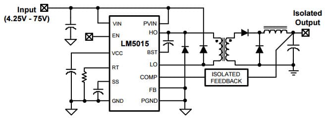 Typical Application Circuit for LM5015 High Voltage Monolithic Two-Switch forward DC-DC Regulator