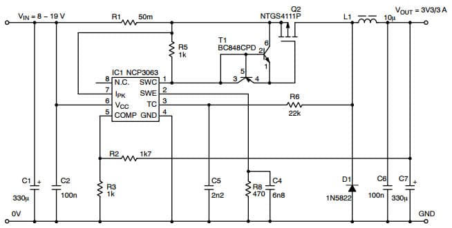 Typical Buck Application Schematic with External PMOS Transistor for NCV3063 1.5A Step-Down Switching Regulator