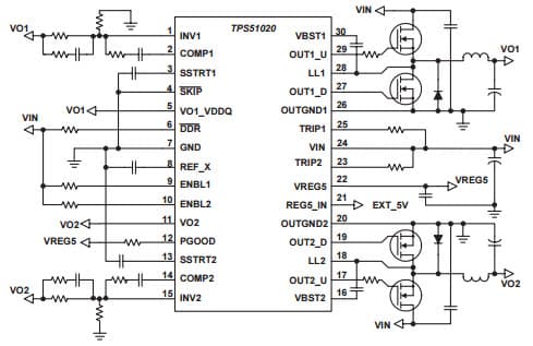 Typical Application Simplified Circuit for TPS51020 dual voltage mode, DDR Selectable synchronous step-down controller for notebook system power