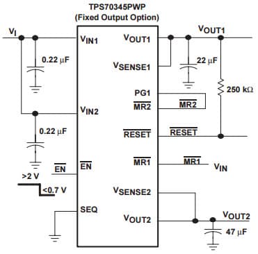 Typical Application Circuit for TPS70345-EP Dual-output low Dropout Voltage Regulators With Power up Sequencing for split voltage dsp system