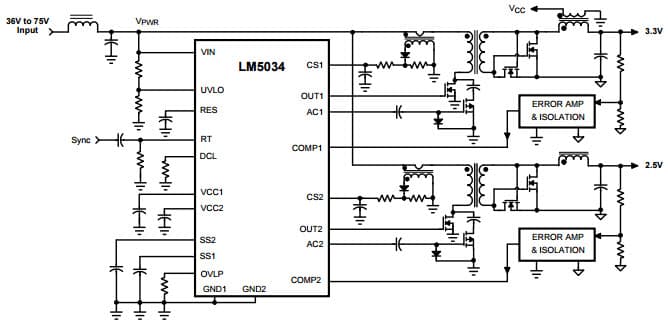 Typical Application Circuit for LM5034 High Voltage Dual Interleaved Regulator with Independent Outputs