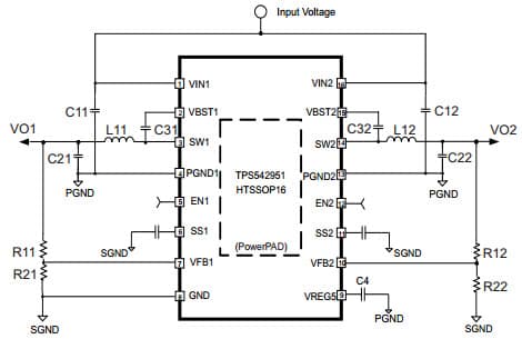 Typical Application Circuit for TPS542951 2A/3A Dual Channel Synchronous Step-Down Switcher with Integrated FET