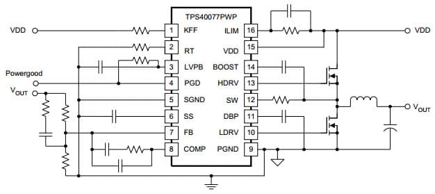 Simplified Application Circuit for TPS40077 High-Efficiency, Midrange-Input Synchronous Buck Controller With Voltage Feed-forward