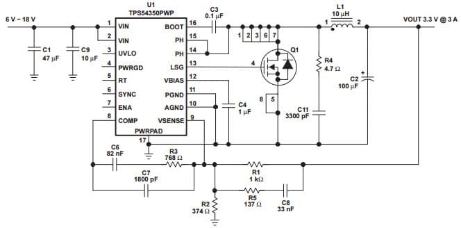 Typical Application Circuit for TPS54350 3A, 12V to 3.3V Output Synchronous PWM Switcher