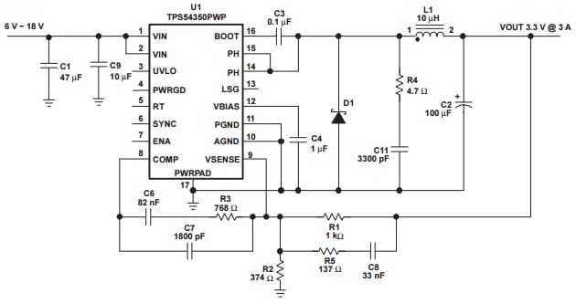 Typical Application Circuit for TPS54350 3.3-V Power Supply With Schottky Diode