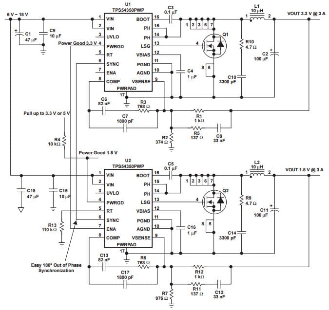 Typical Application Circuit for TPS54350 3.3-V/1.8-V Power Supply With Sequencing