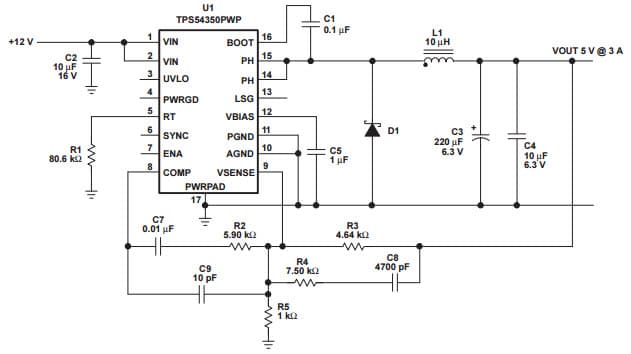 Typical Application Circuit for TPS54350 12-V to 5-V Using Aluminum Electrolytic for LCD TV