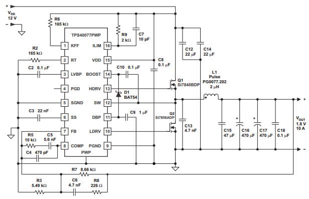 Typical Application Circuit for TPS40077 300 kHz, 12V to 1.8V With Improved High-Side Gate Drive