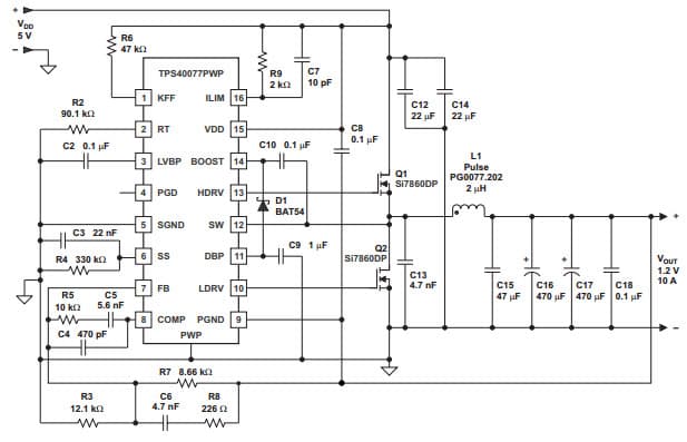 Typical Application Circuit for TPS40077 500 kHz, 5V to 1.2V With Improved High-Side Gate Drive