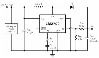 Typical Application Circuit for LM2700 600kHz operation, 8V output Step-up PWM DC/DC Converter