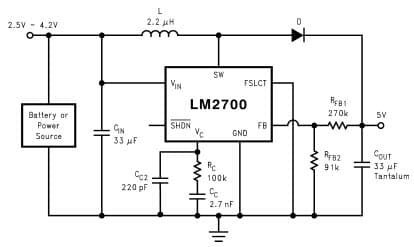 Typical Application Circuit for LM2700 600kHz operation, 5V output Step-up PWM DC/DC Converter