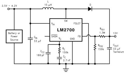 Typical Application Circuit for LM2700 600kHz operation, 12V output Step-up PWM DC/DC Converter