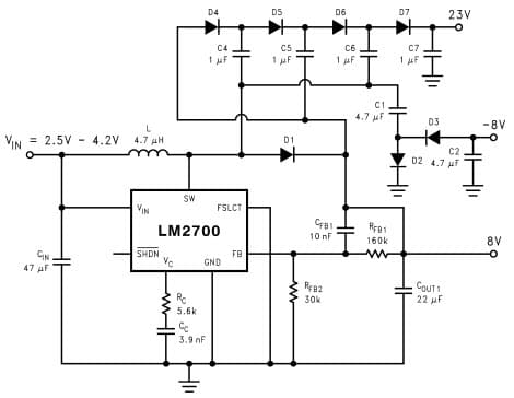 Typical Application Circuit for LM2700 Triple Output TFT Bias (600 kHz operation)