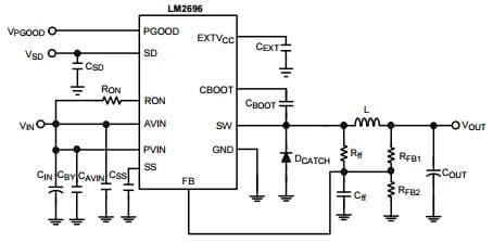 Typical 12V-to 3.3V Application Circuit for LM2696 3A Constant On Time Buck Regulator