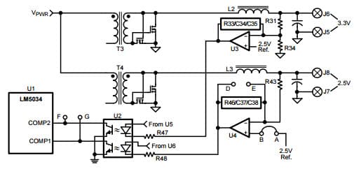 Typical Application Circuit for LM5034 High Voltage Dual Interleaved Regulator Circuit Configuration for Independent Outputs