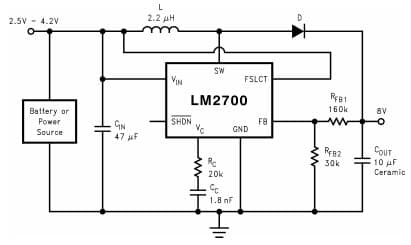 Typical Application Circuit for LM2700 1.25MHz operation, 8V output Step-up PWM DC/DC Converter