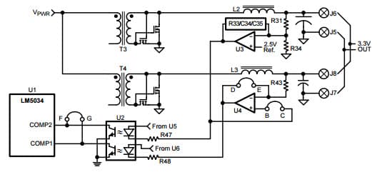 Typical Application Circuit for LM5034 High Voltage Dual Interleaved Regulator Circuit Configuration for Single High Current Output