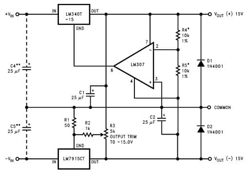 Typical Application Circuit for LM7905 ±15V, 1Amp Tracking Regulator